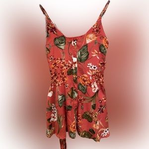 LULUS Ulani Rusty Rose Floral Tropical Tie Waist Button Skater Mini Dress sz L
